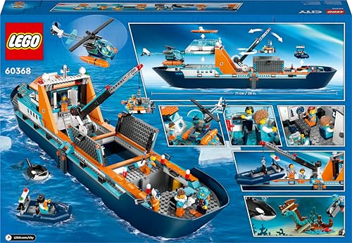 LEGO City Arktis-Forschungsschiff 60368 – Schwimmendes Spielzeug-Boot mit Hubschrauber, U-Boot, Wrack, 7 Minifiguren & Orca, ab 7 Jahren