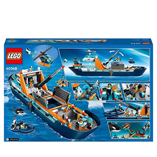LEGO City Arktis-Forschungsschiff 60368 – Schwimmendes Spielzeug-Boot mit Hubschrauber, U-Boot, Wrack, 7 Minifiguren & Orca, ab 7 Jahren
