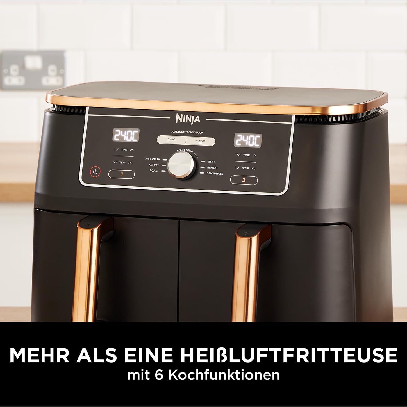 Ninja Foodi MAX Dual Zone Heißluftfritteuse AF400EUCP – 9,5 L, 2 Fächer, 6 Funktionen, 2470 W, Kupfer/Schwarz