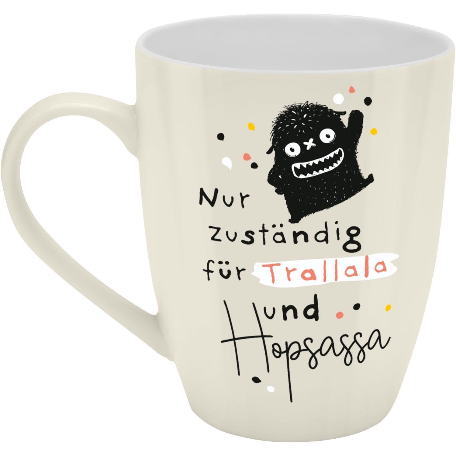 H:) PPY life Becher mit Motiv "Trallala" | Tasse mit Spruch, New Bone China Porzellan, 35 cl, mit Geschenkbaderole | lustiges Geschenk, Geburtstag