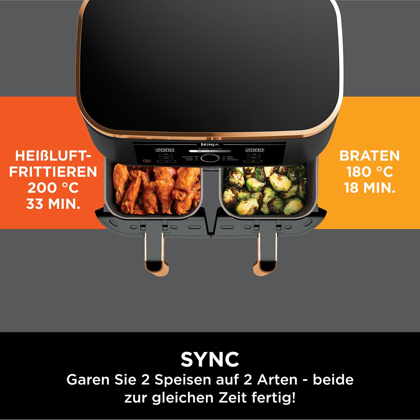 Ninja Foodi MAX Dual Zone Heißluftfritteuse AF400EUCP – 9,5 L, 2 Fächer, 6 Funktionen, 2470 W, Kupfer/Schwarz