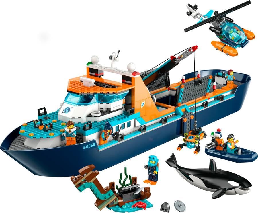 LEGO City Arktis-Forschungsschiff 60368 – Schwimmendes Spielzeug-Boot mit Hubschrauber, U-Boot, Wrack, 7 Minifiguren & Orca, ab 7 Jahren