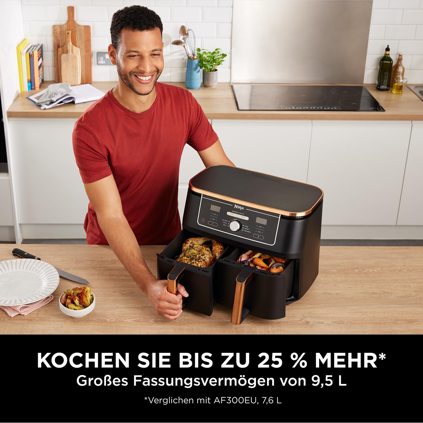 Ninja Foodi MAX Dual Zone Heißluftfritteuse AF400EUCP – 9,5 L, 2 Fächer, 6 Funktionen, 2470 W, Kupfer/Schwarz