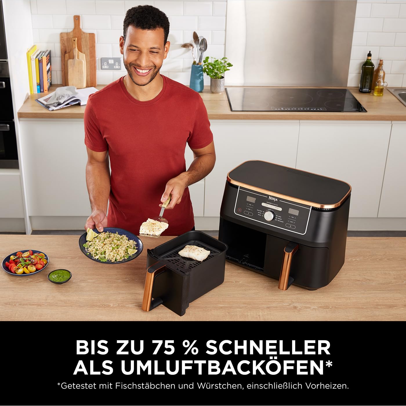 Ninja Foodi MAX Dual Zone Heißluftfritteuse AF400EUCP – 9,5 L, 2 Fächer, 6 Funktionen, 2470 W, Kupfer/Schwarz