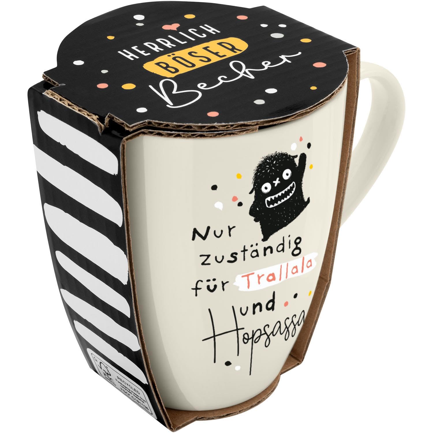 H:) PPY life Becher mit Motiv "Trallala" | Tasse mit Spruch, New Bone China Porzellan, 35 cl, mit Geschenkbaderole | lustiges Geschenk, Geburtstag