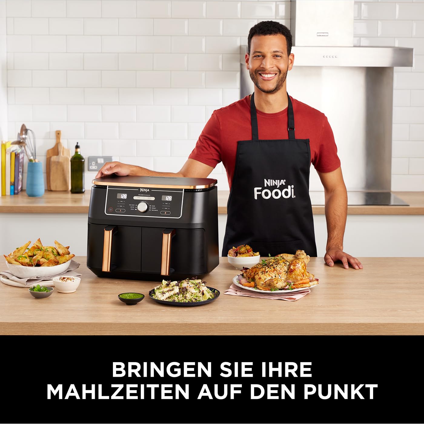 Ninja Foodi MAX Dual Zone Heißluftfritteuse AF400EUCP – 9,5 L, 2 Fächer, 6 Funktionen, 2470 W, Kupfer/Schwarz