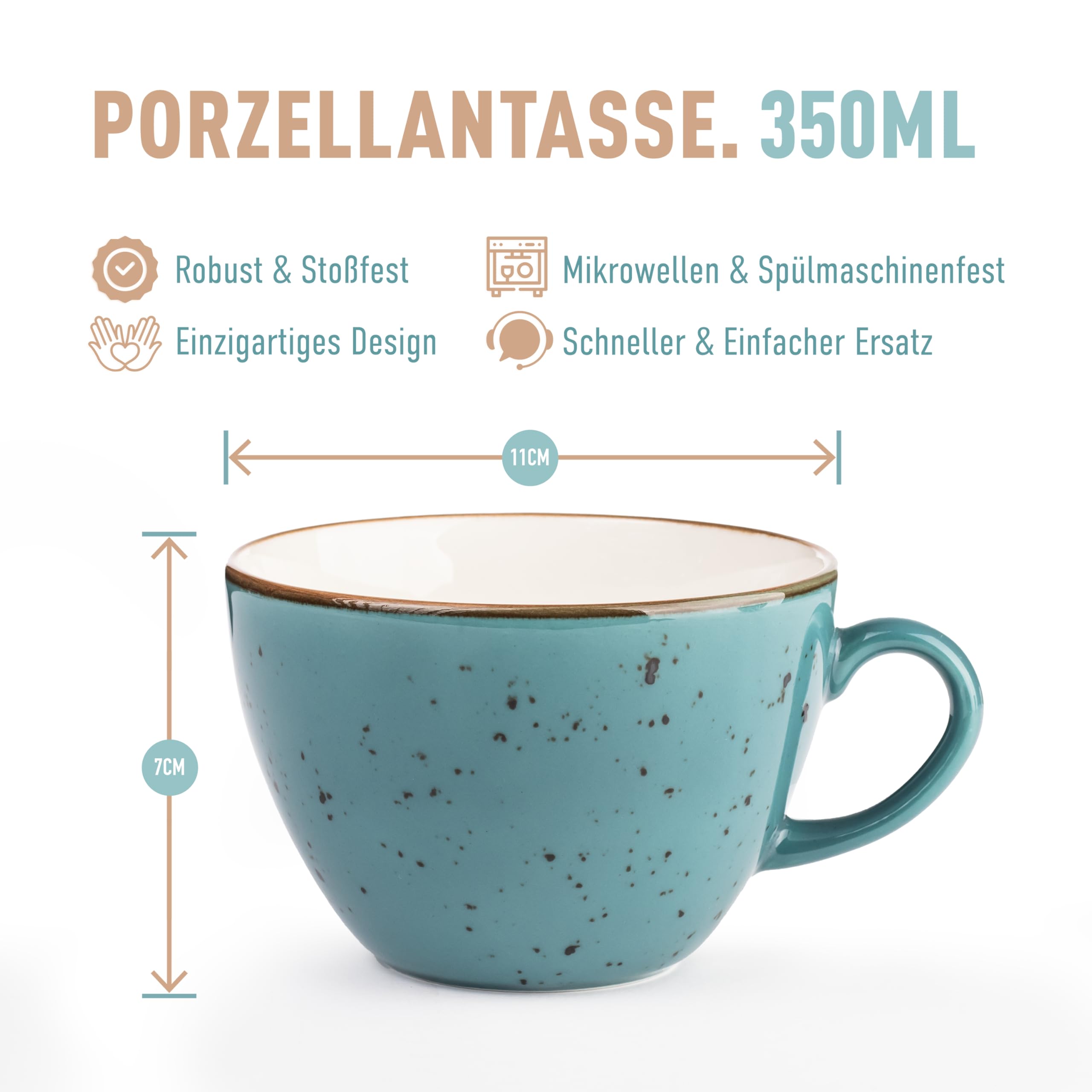 Bonsoo Kaffeetasse aus Feinem Hochwertigem Edlem Porzellan | 350ml Vintage- Stil mit Elegantem Gesprenkeltem Finish und Naturbraunem Rand