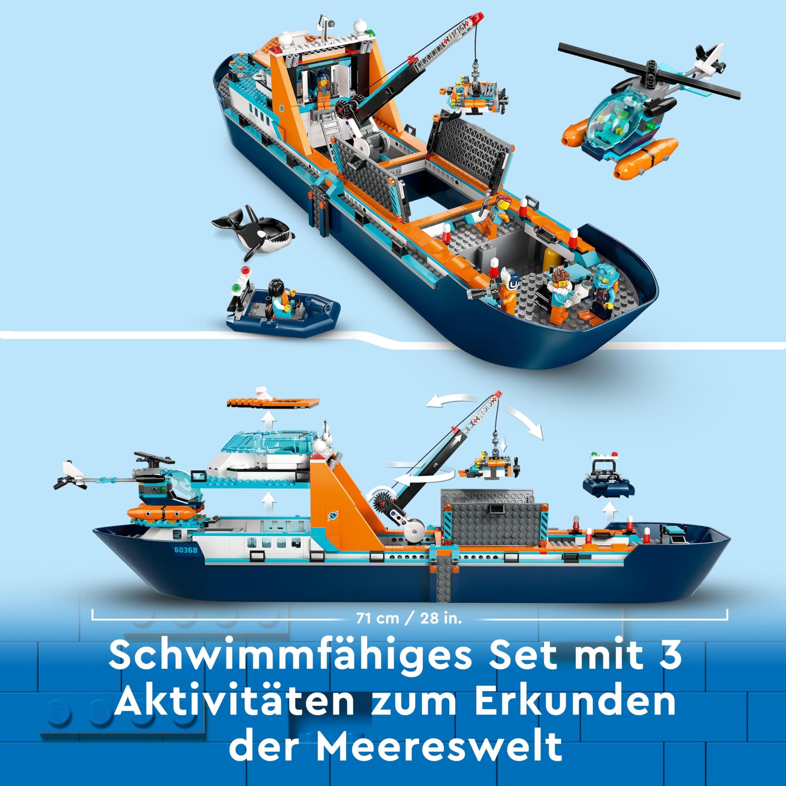 LEGO City Arktis-Forschungsschiff 60368 – Schwimmendes Spielzeug-Boot mit Hubschrauber, U-Boot, Wrack, 7 Minifiguren & Orca, ab 7 Jahren