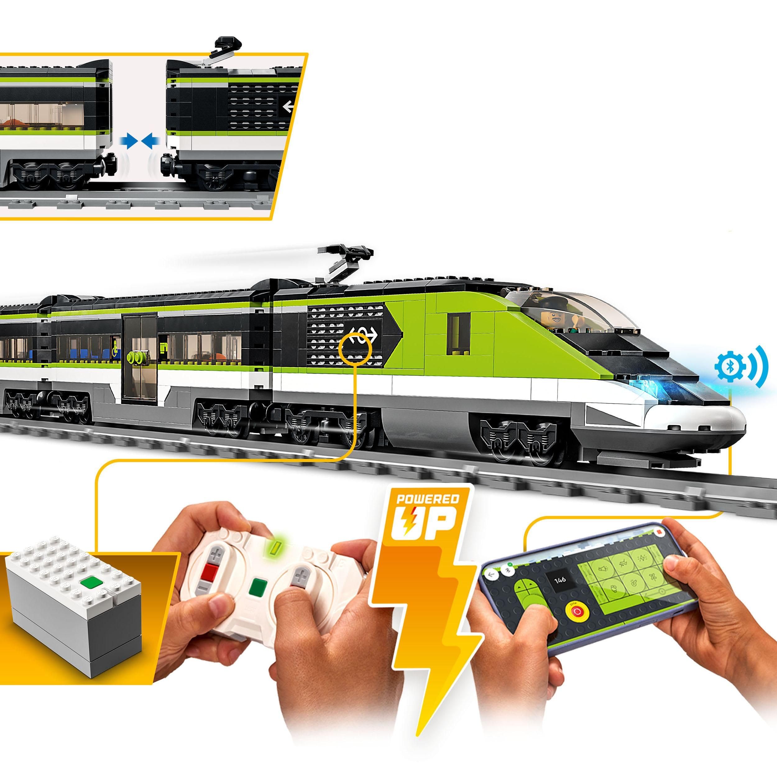 LEGO City Personen-Schnellzug 60337 – Ferngesteuerter Zug mit Licht, 2 Waggons, 24 Schienen & 6 Minifiguren
