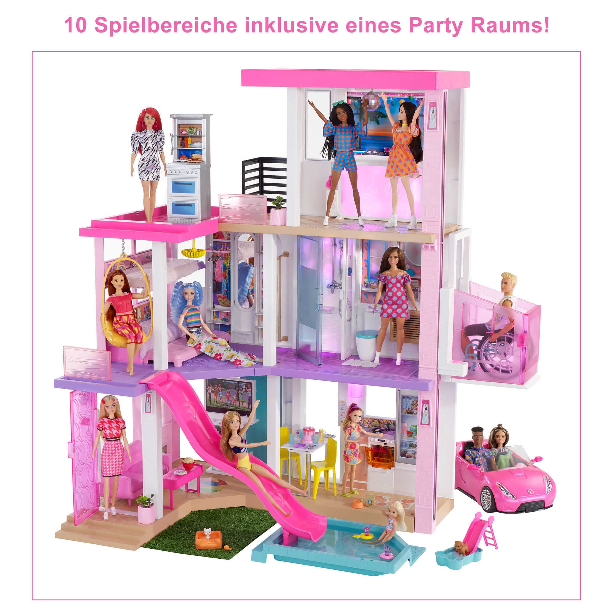 Barbie Dreamhouse (114 cm) – 3-stöckiges Puppenhaus mit Pool, Rutsche, Rollstuhllift & 75 Zubehörteilen