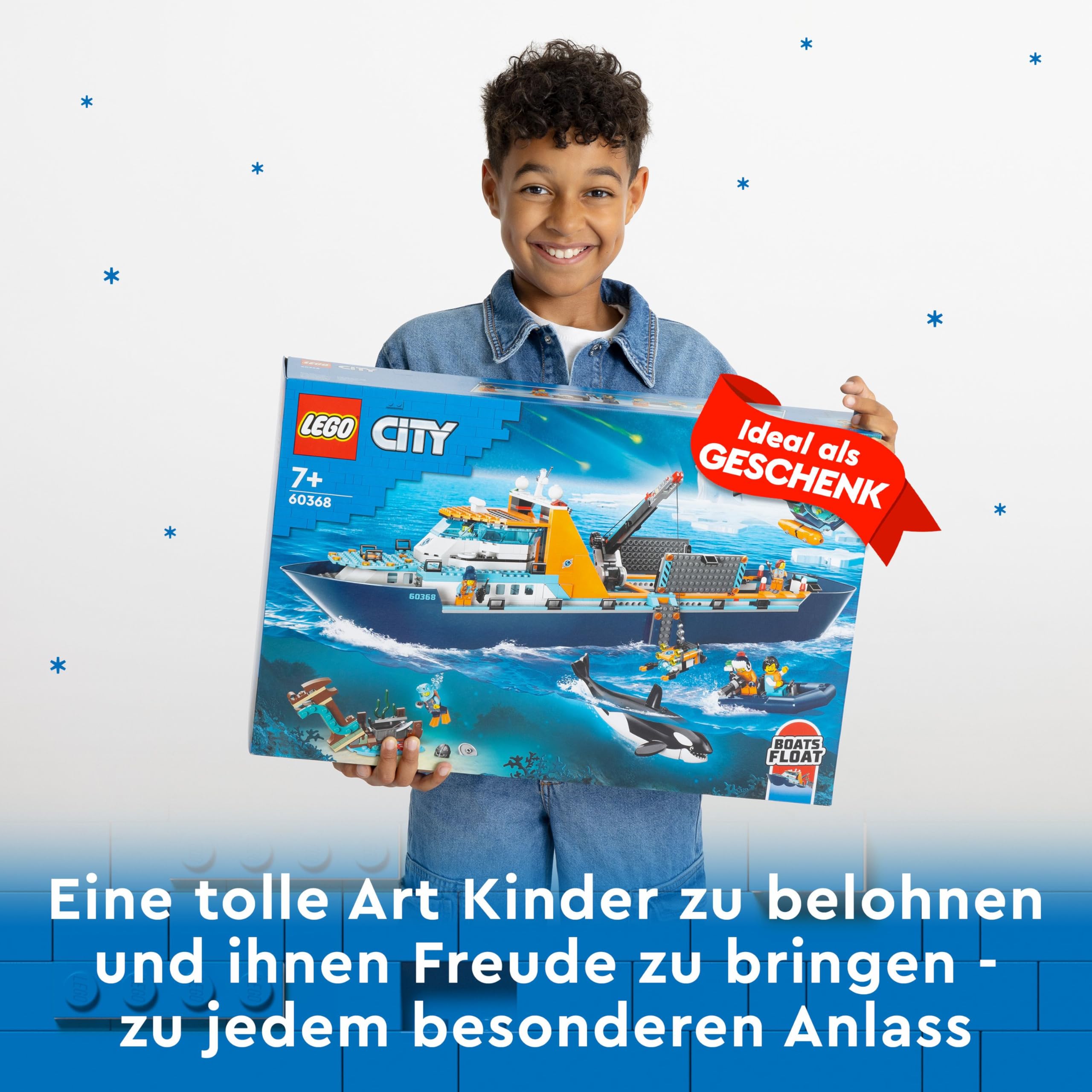 LEGO City Arktis-Forschungsschiff 60368 – Schwimmendes Spielzeug-Boot mit Hubschrauber, U-Boot, Wrack, 7 Minifiguren & Orca, ab 7 Jahren