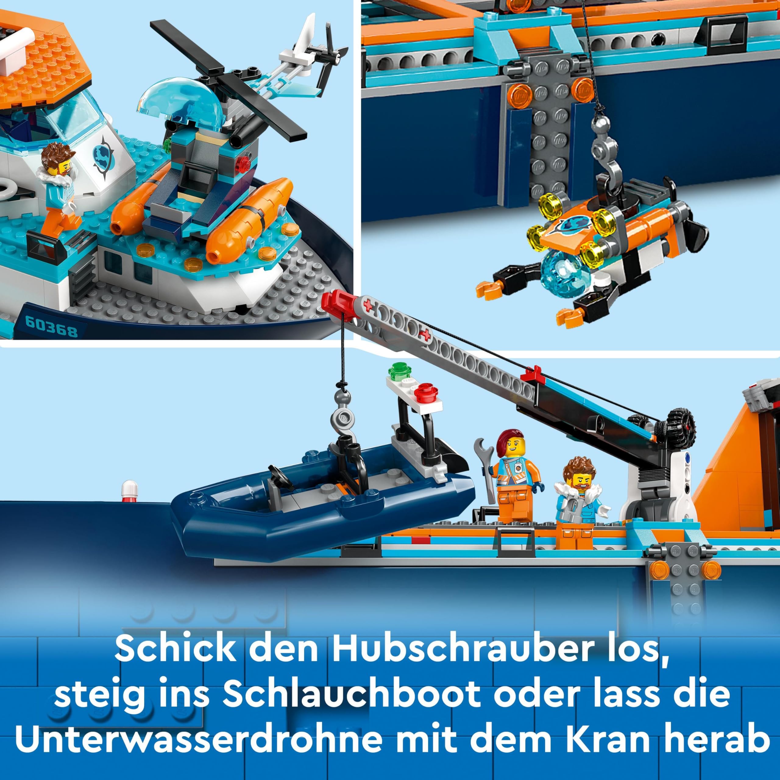LEGO City Arktis-Forschungsschiff 60368 – Schwimmendes Spielzeug-Boot mit Hubschrauber, U-Boot, Wrack, 7 Minifiguren & Orca, ab 7 Jahren