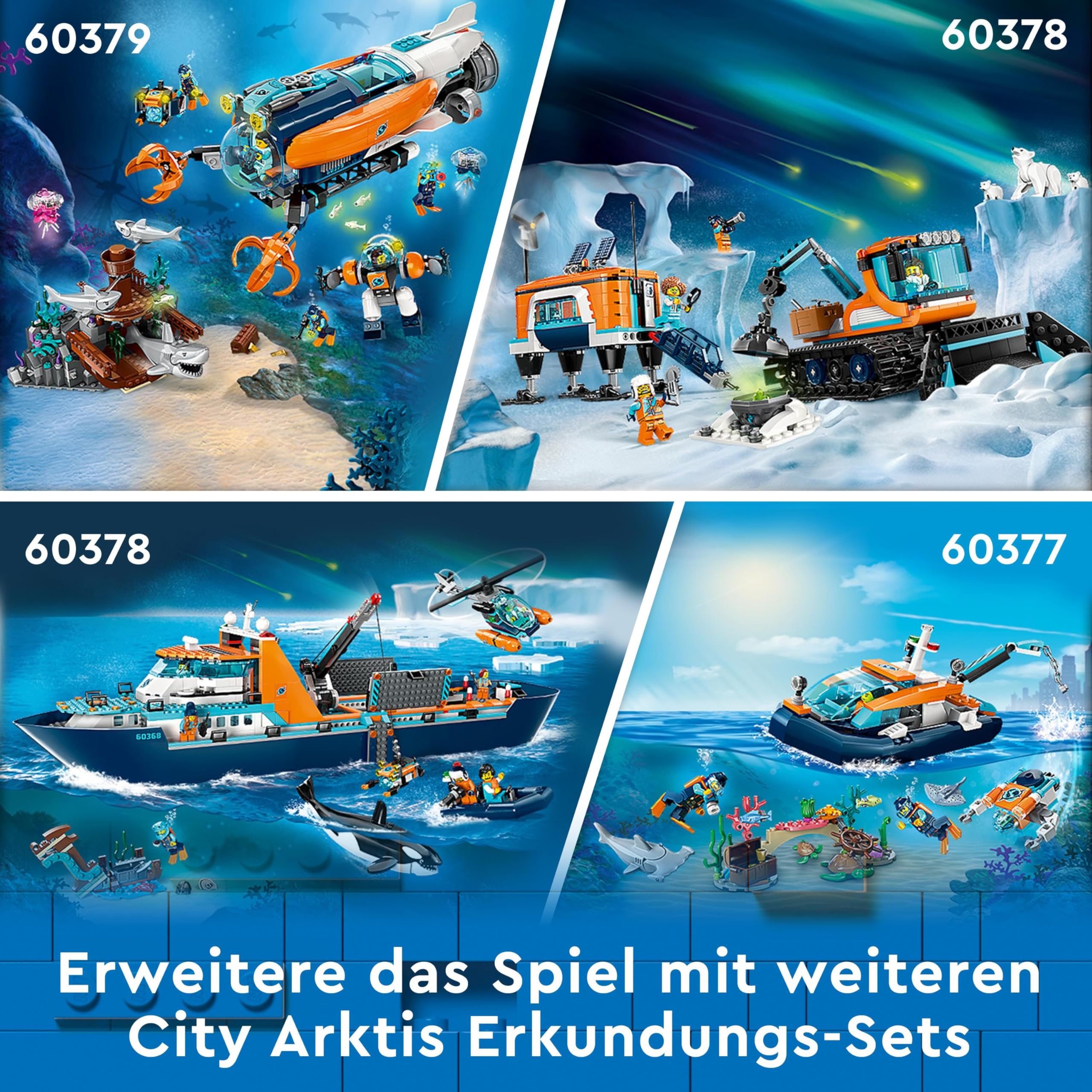 LEGO City Arktis-Forschungsschiff 60368 – Schwimmendes Spielzeug-Boot mit Hubschrauber, U-Boot, Wrack, 7 Minifiguren & Orca, ab 7 Jahren