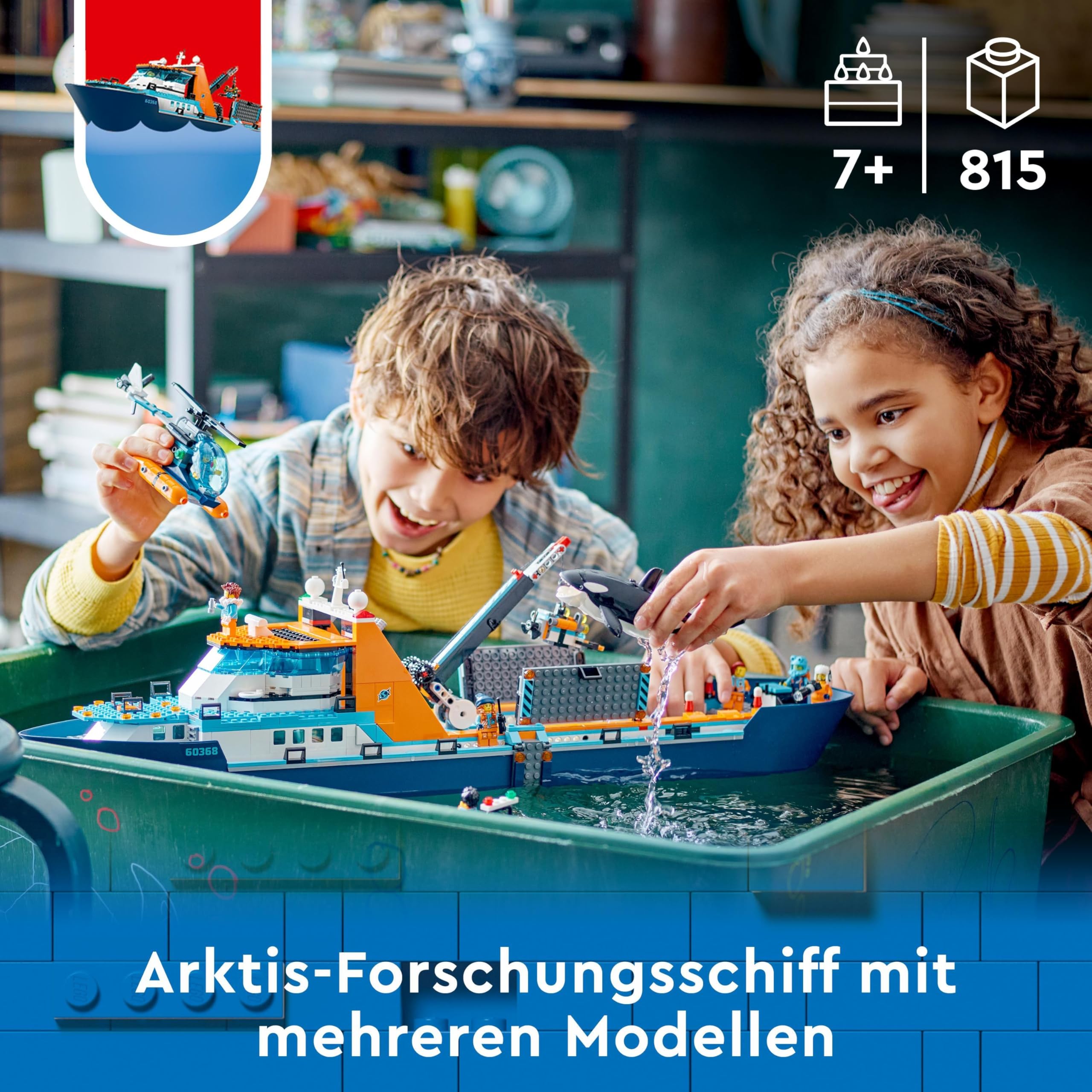 LEGO City Arktis-Forschungsschiff 60368 – Schwimmendes Spielzeug-Boot mit Hubschrauber, U-Boot, Wrack, 7 Minifiguren & Orca, ab 7 Jahren