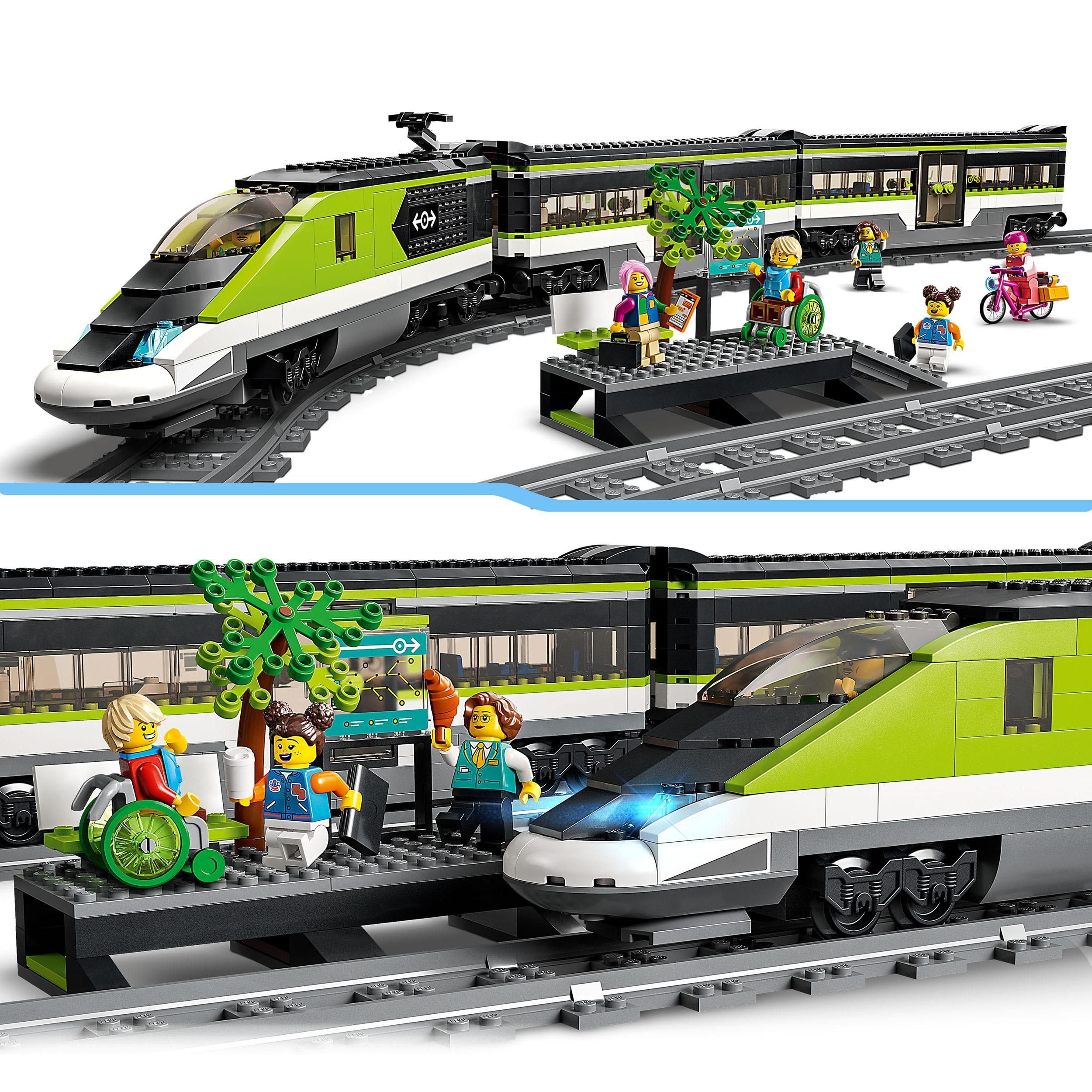 LEGO City Personen-Schnellzug 60337 – Ferngesteuerter Zug mit Licht, 2 Waggons, 24 Schienen & 6 Minifiguren